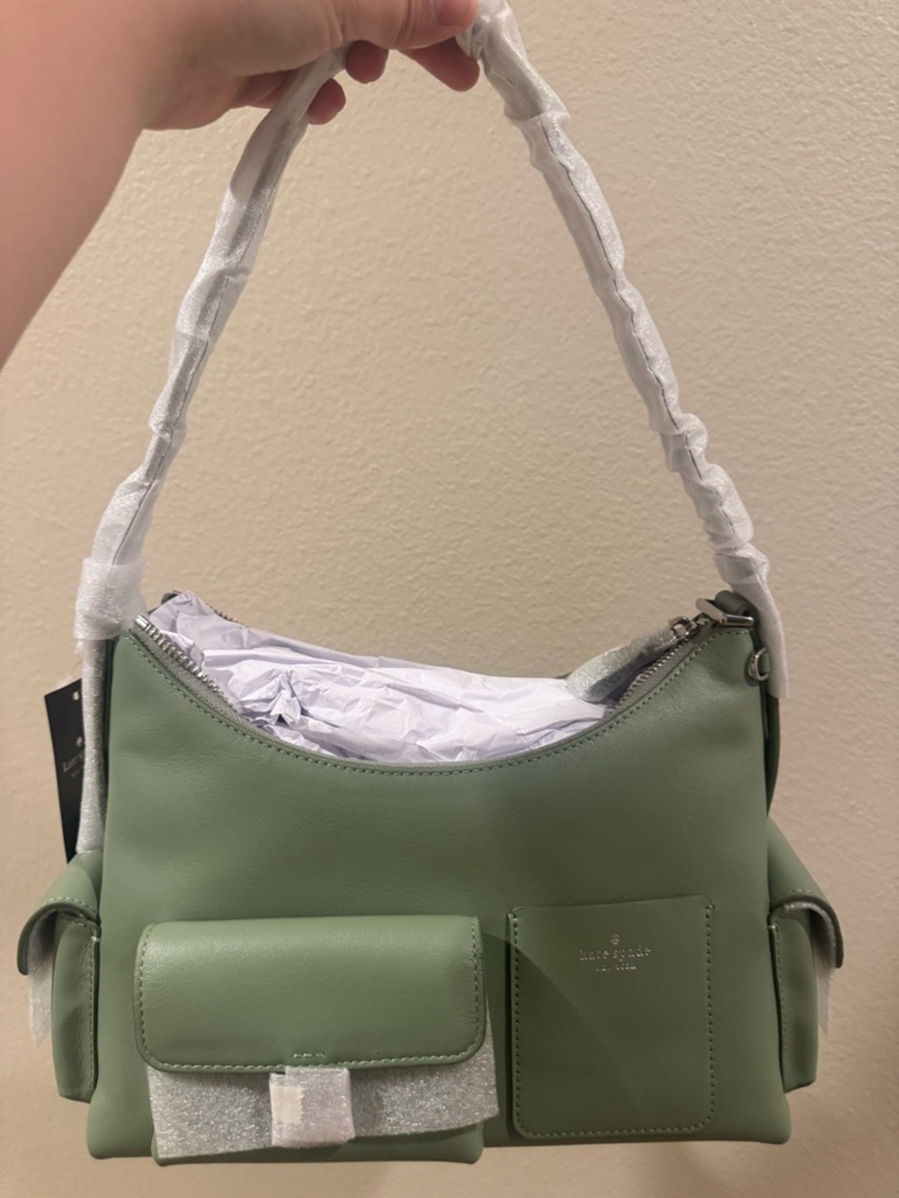 kate spade sage green leather shoulder bag with front pockets
